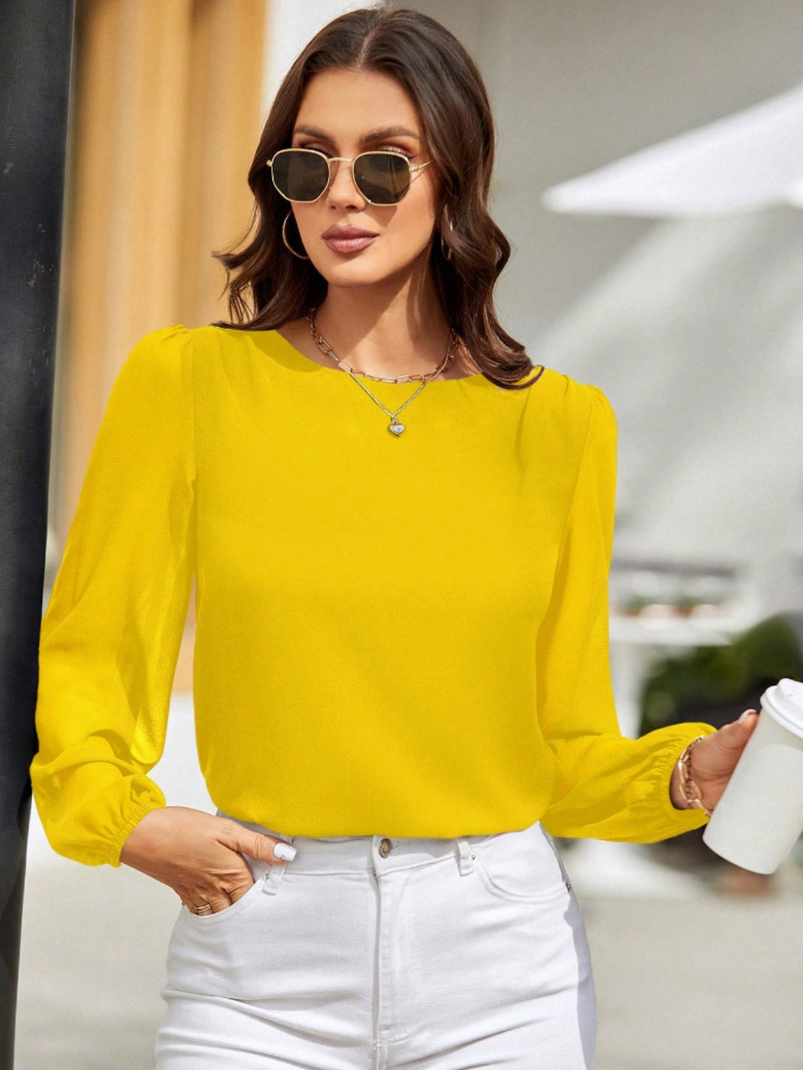 Round Neck Balloon Sleeve Blouse