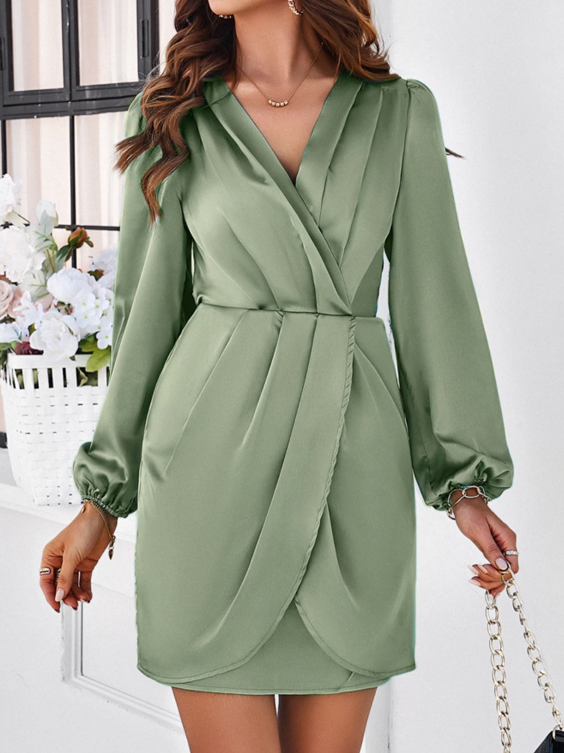 Devine Ruched Surplice Long Sleeve Mini Dress