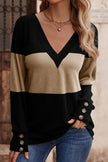 Decorative Button Contrast V-Neck Long Sleeve Sweater