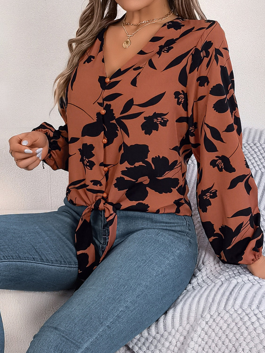 Printed V-Neck Long Sleeve Blouse