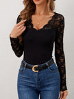 Lace Wavy Hem V-Neck Long Sleeve Top