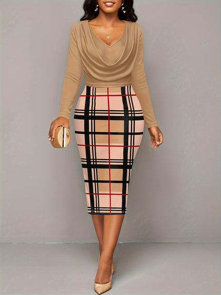 Plus Size Plaid Long Sleeve Midi Dress