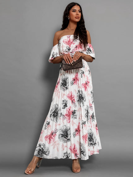 Pleated Floral Off-Shoulder Short Sleeve Maxi Dress