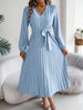 Pleated Tied V-Neck Long Sleeve Dress