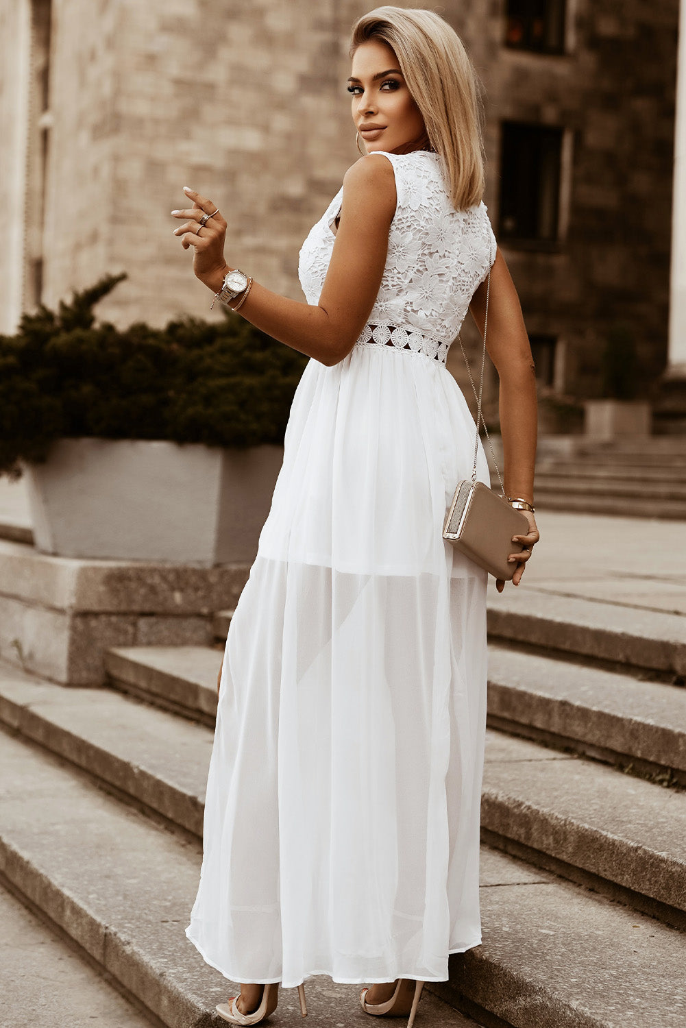 Slit Lace Detail V-Neck Maxi Dress