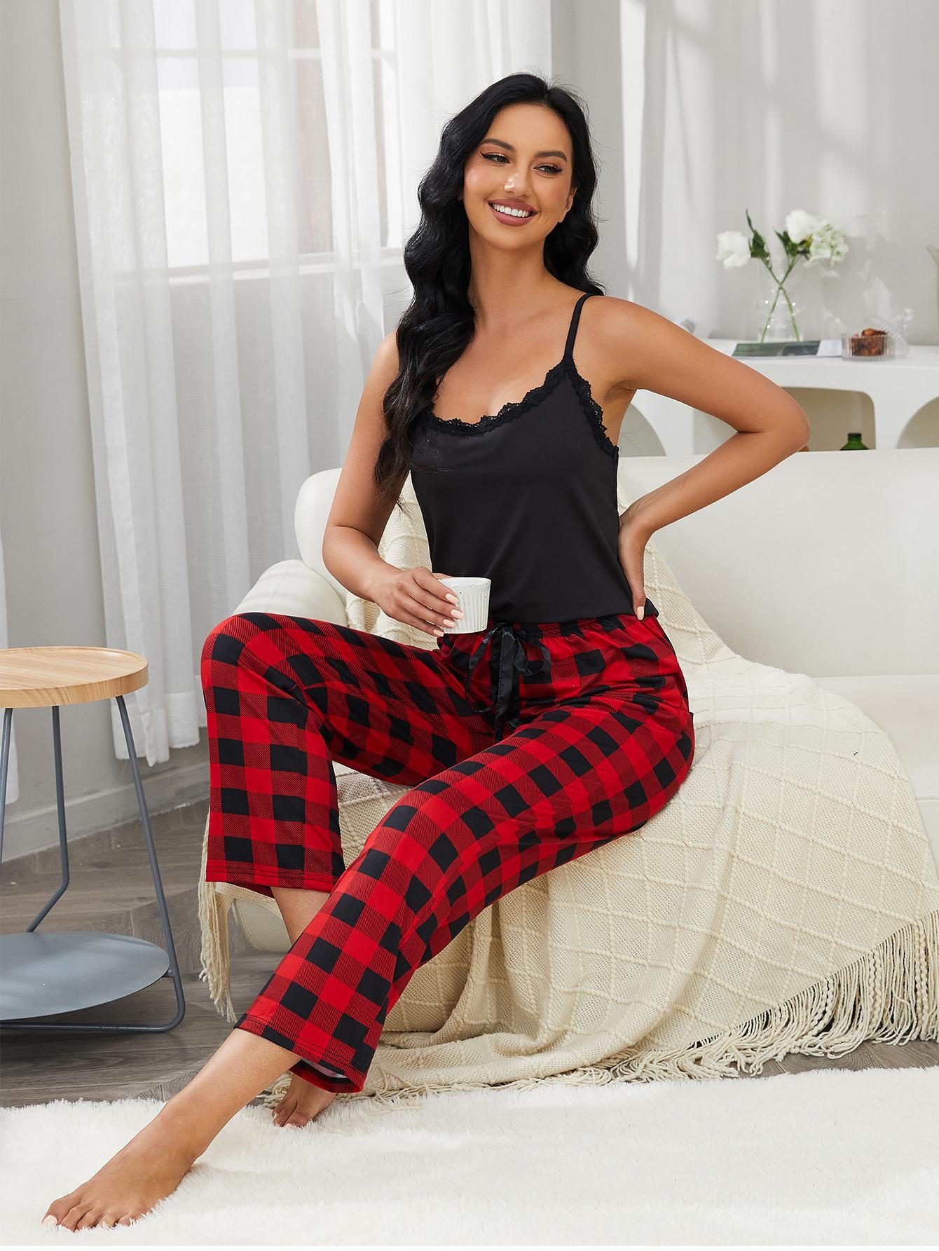 Lace Trim Cami and Plaid Pants Pajama Set