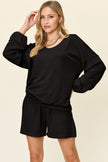 Double Take Full Size Texture V-Neck Long Sleeve Top and Shorts Set