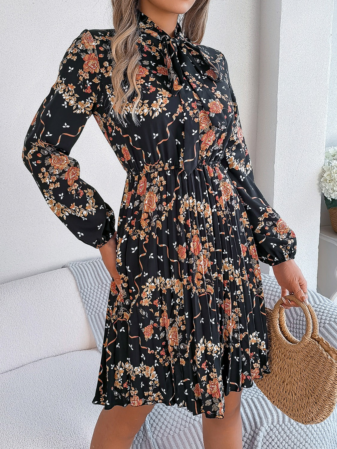 Pleated Printed Tie Neck Long Sleeve Mini Dress