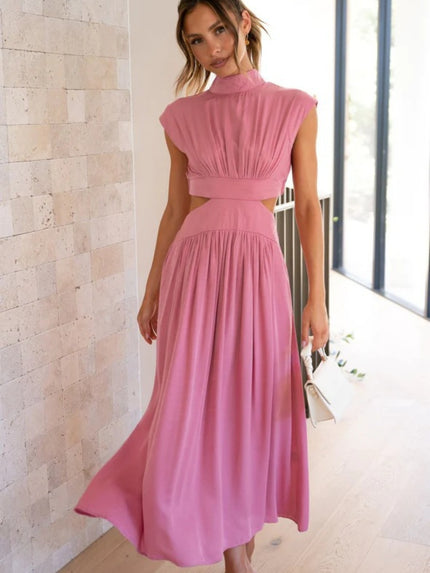 Cutout Mock Neck Sleeveless Ruched Maxi Dress