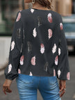 Feather Print Notched Balloon Sleeve Blouse