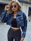 Distressed Raw Hem Collared Neck Long Sleeve Denim Jacket