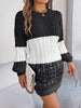 Cable-Knit Round Neck Color Block Sweater Mini  Dress