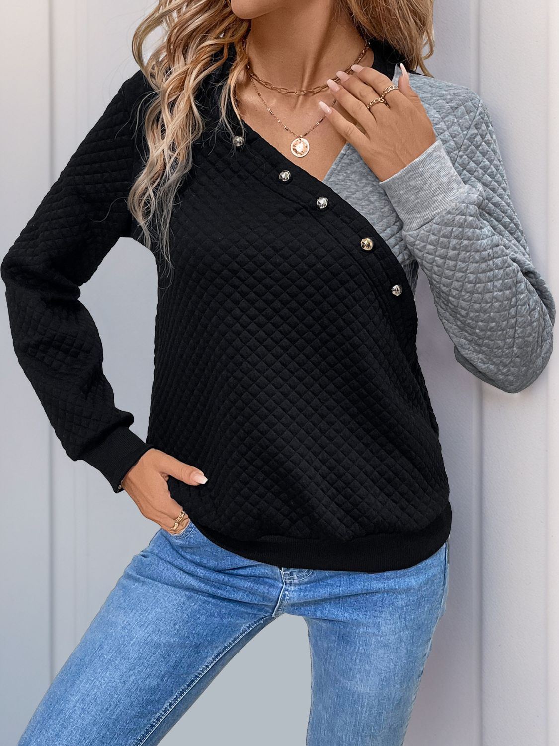 Perfee Decorative Button Contrast Long Sleeve Sweatshirt