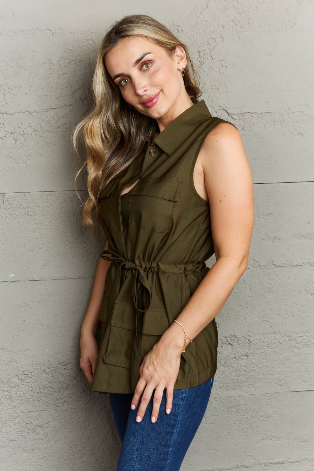 Ninexis Follow The Light Sleeveless Collared Button Down Tank