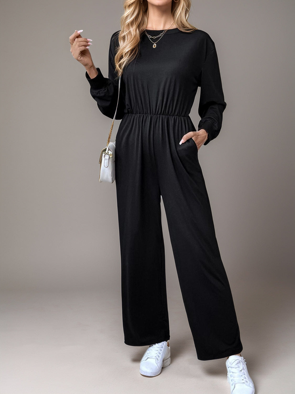 Tied Round Neck Wide Leg Jumpsuit