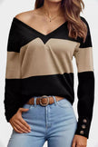 Decorative Button Contrast V-Neck Long Sleeve Sweater