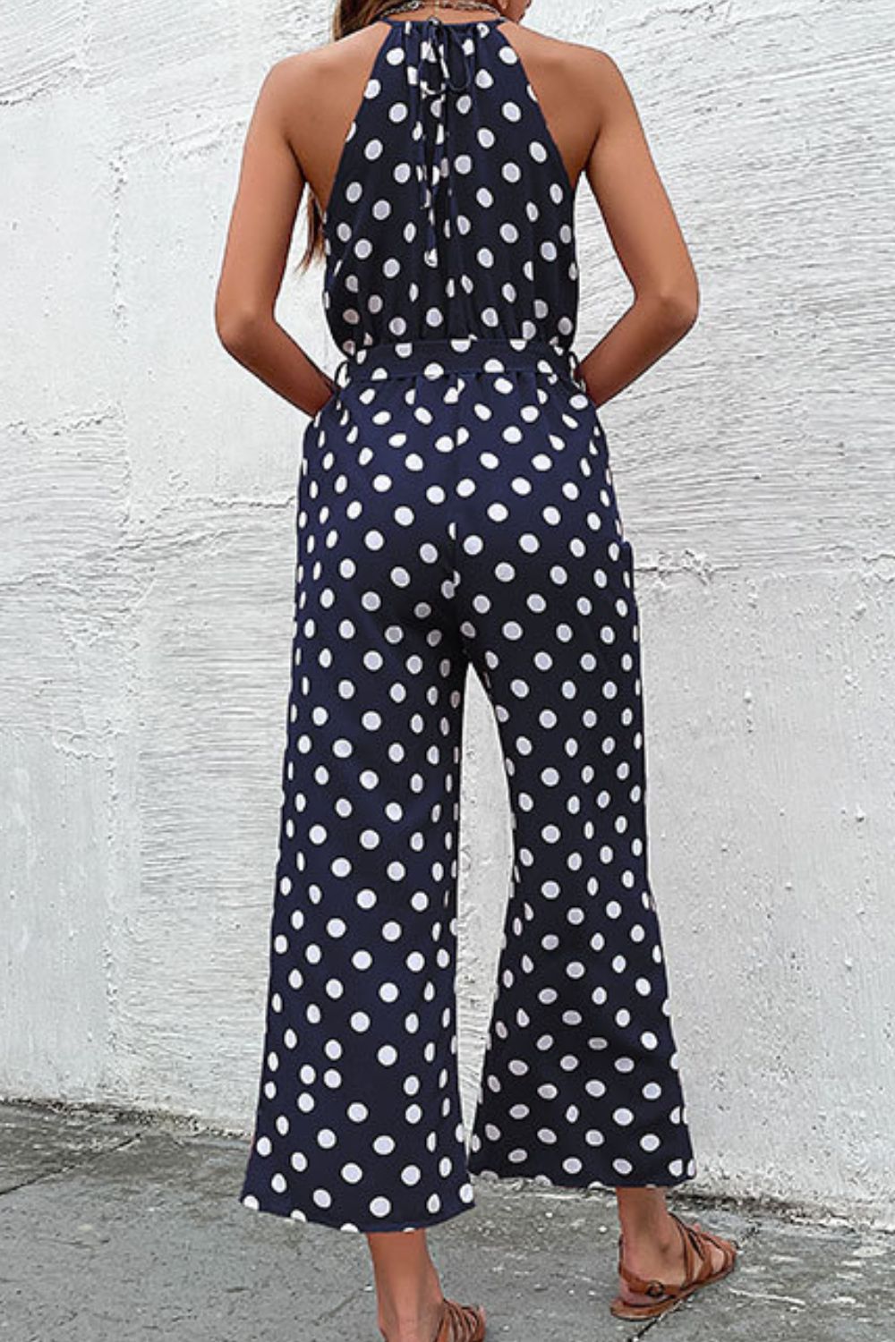 Perfee Polka Dot Grecian Wide Leg Jumpsuit