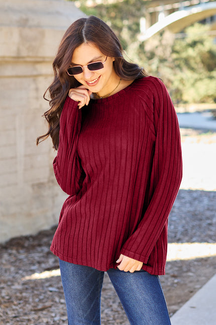 Basic Bae Full Size Ribbed Round Neck Long Sleeve Knit Sweater