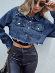 Distressed Raw Hem Collared Neck Long Sleeve Denim Jacket