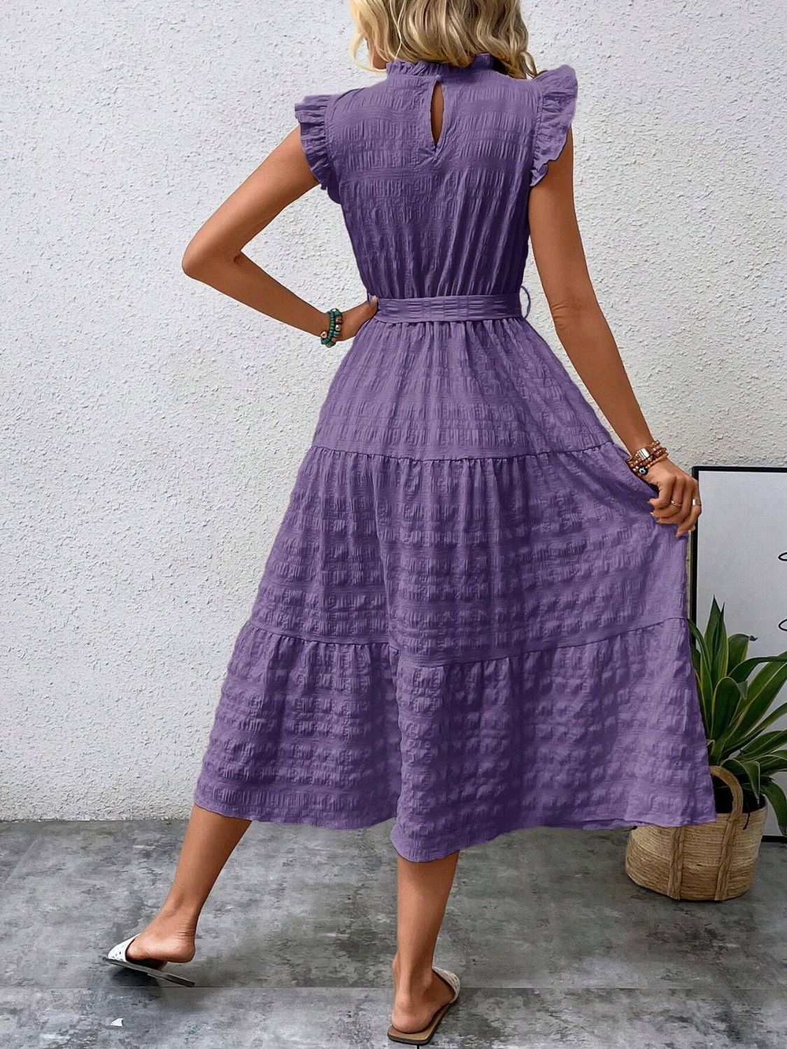 Tied Ruffled Cap Sleeve Midi Dress