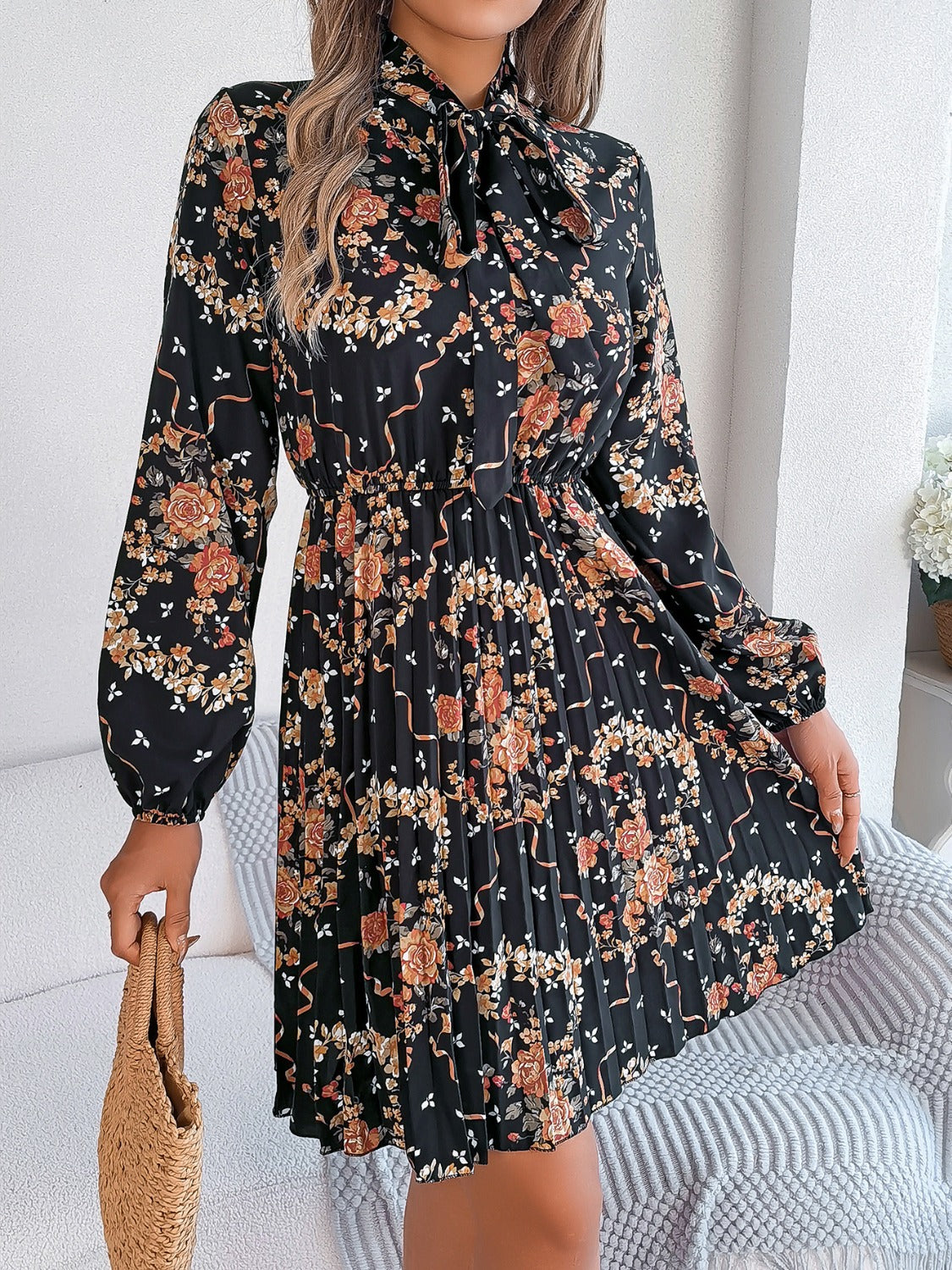 Pleated Printed Tie Neck Long Sleeve Mini Dress