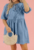 Bowknot Round Neck Half Sleeve Denim Dress