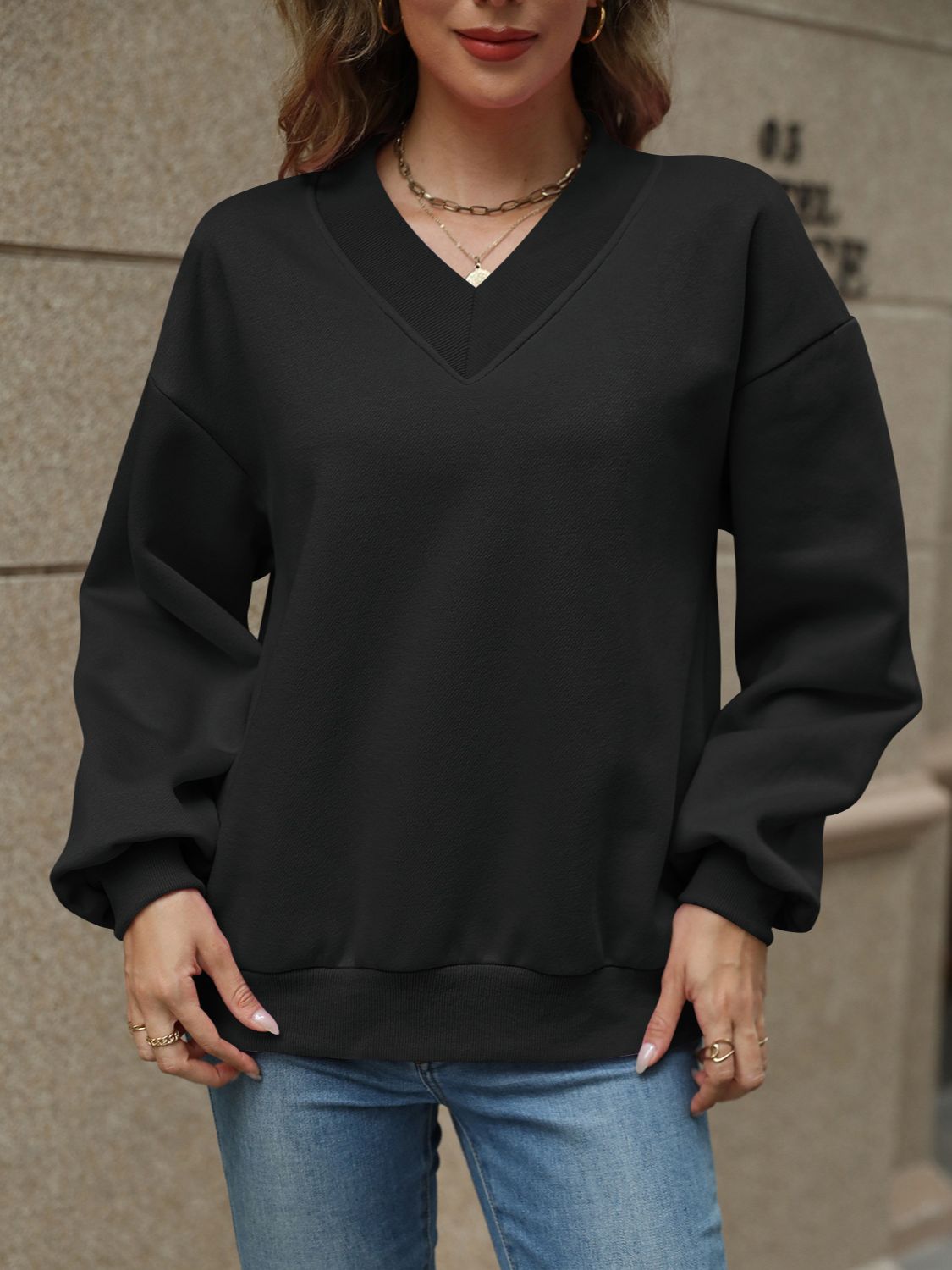 V-Neck Long Sleeve Dropped Shoulder Sweater