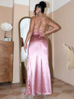 Backless Crisscross Ruched Split Satin Maxi Dress