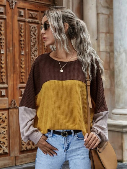 Color Block Waffle-Knit Long Sleeve Sweater