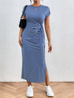 Tied Striped Round Neck Short Sleeve Maxi Tee Dress