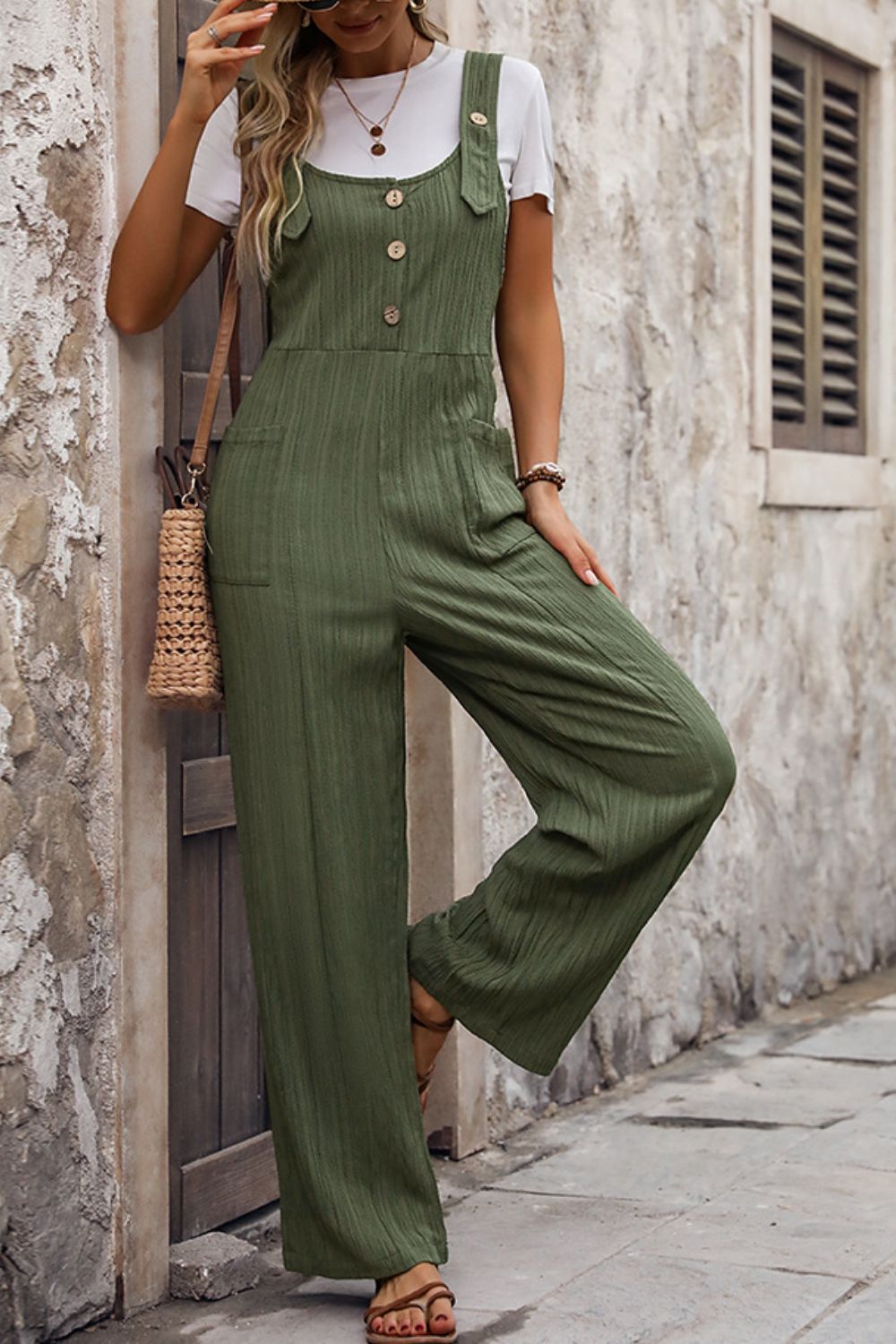 Perfee Textured Pocketed Wide Strap Overalls