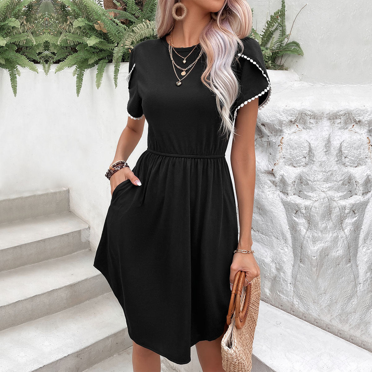 Perfee Round Neck Petal Sleeve Dress with Pockets