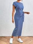 Tied Striped Round Neck Short Sleeve Maxi Tee Dress