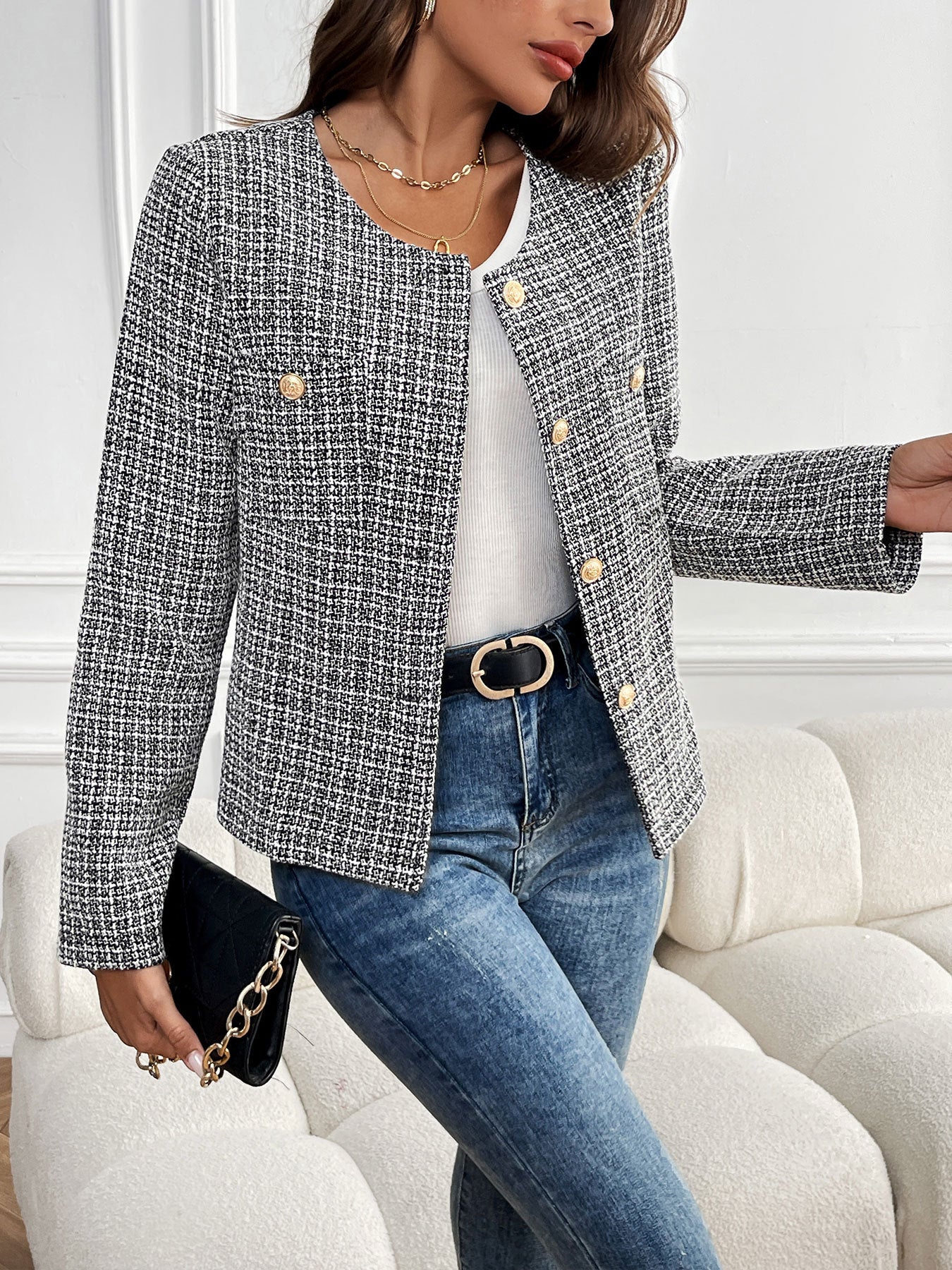 Perfee Plaid Long Sleeve Blazer