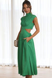 Cutout Mock Neck Sleeveless Ruched Maxi Dress