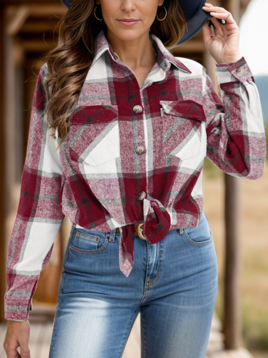 Full Size Pocketed Plaid Collared Neck Jacket