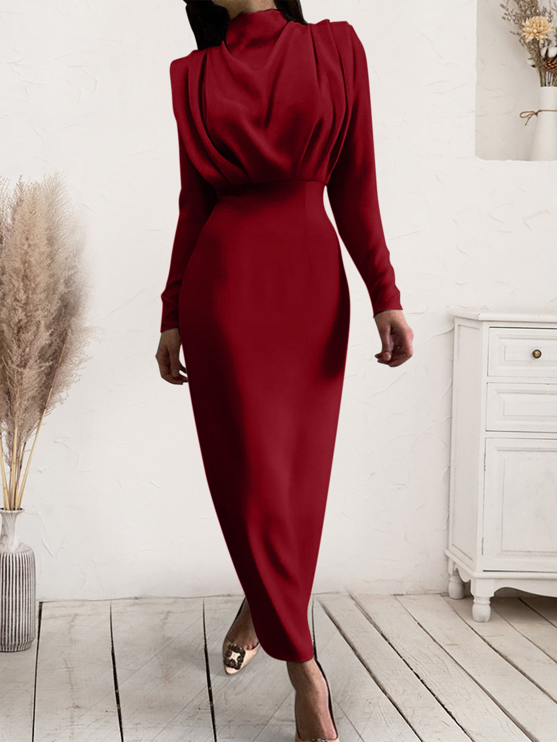 Ruched Turtleneck Long Sleeve Maxi Dress