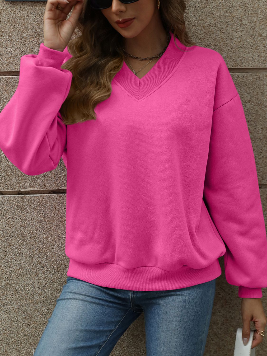 V-Neck Long Sleeve Dropped Shoulder Sweater