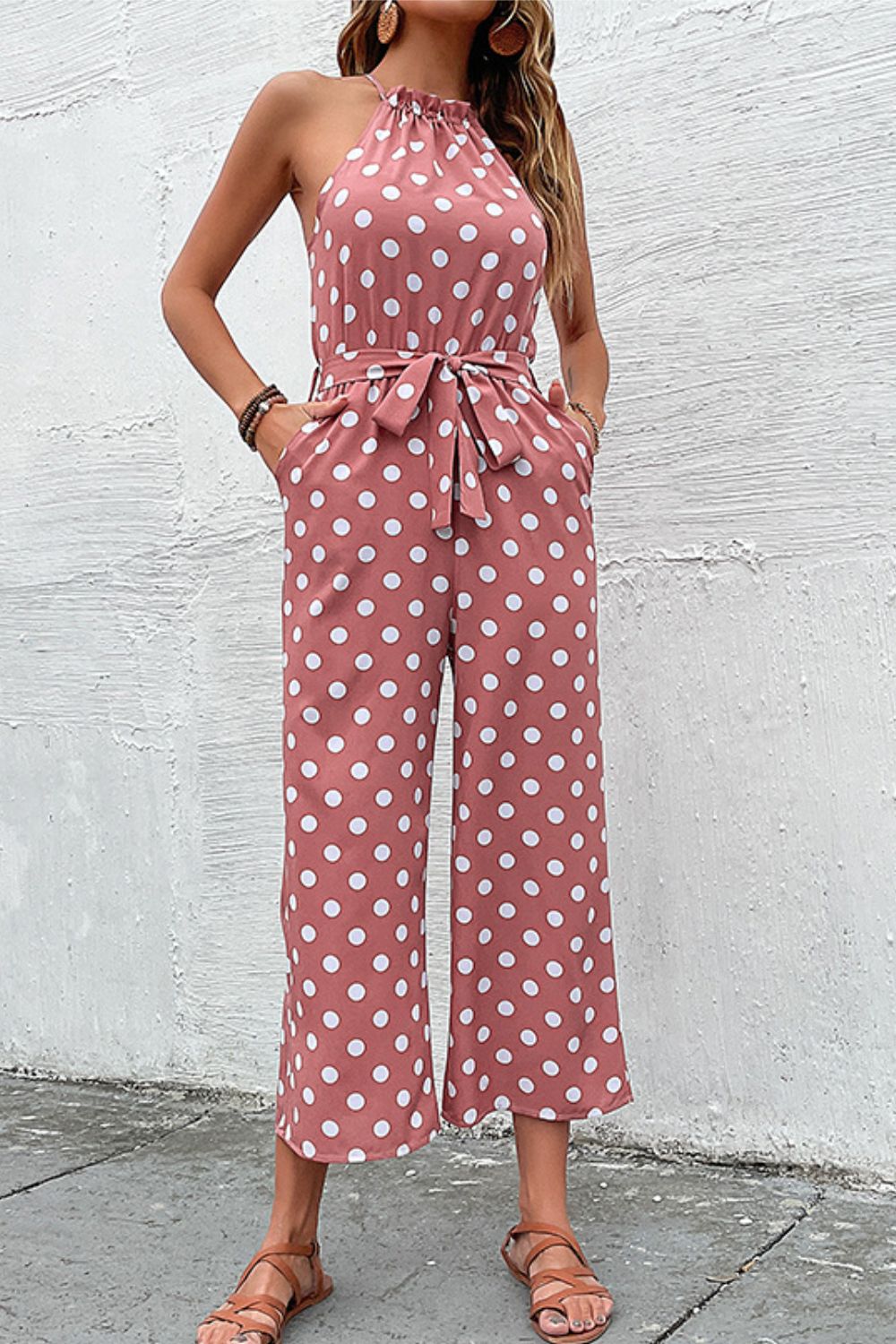 Perfee Polka Dot Grecian Wide Leg Jumpsuit