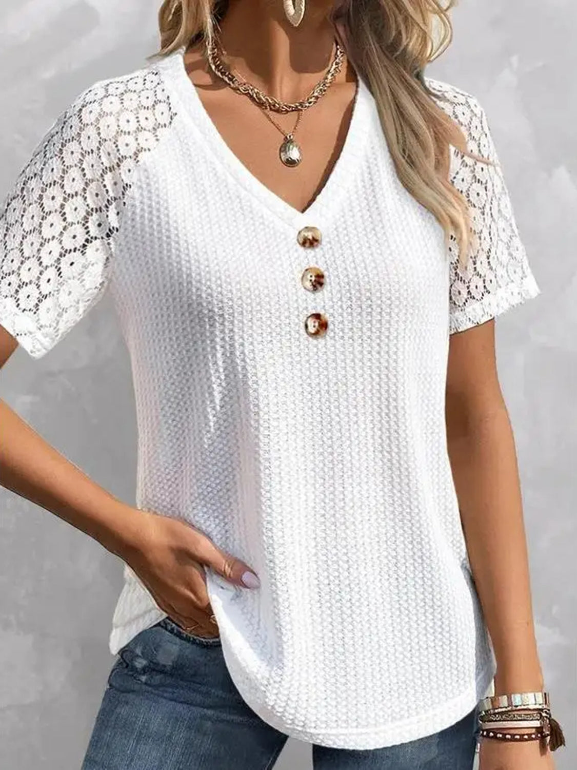 Waffle-Knit V-Neck Short Sleeve Blouse