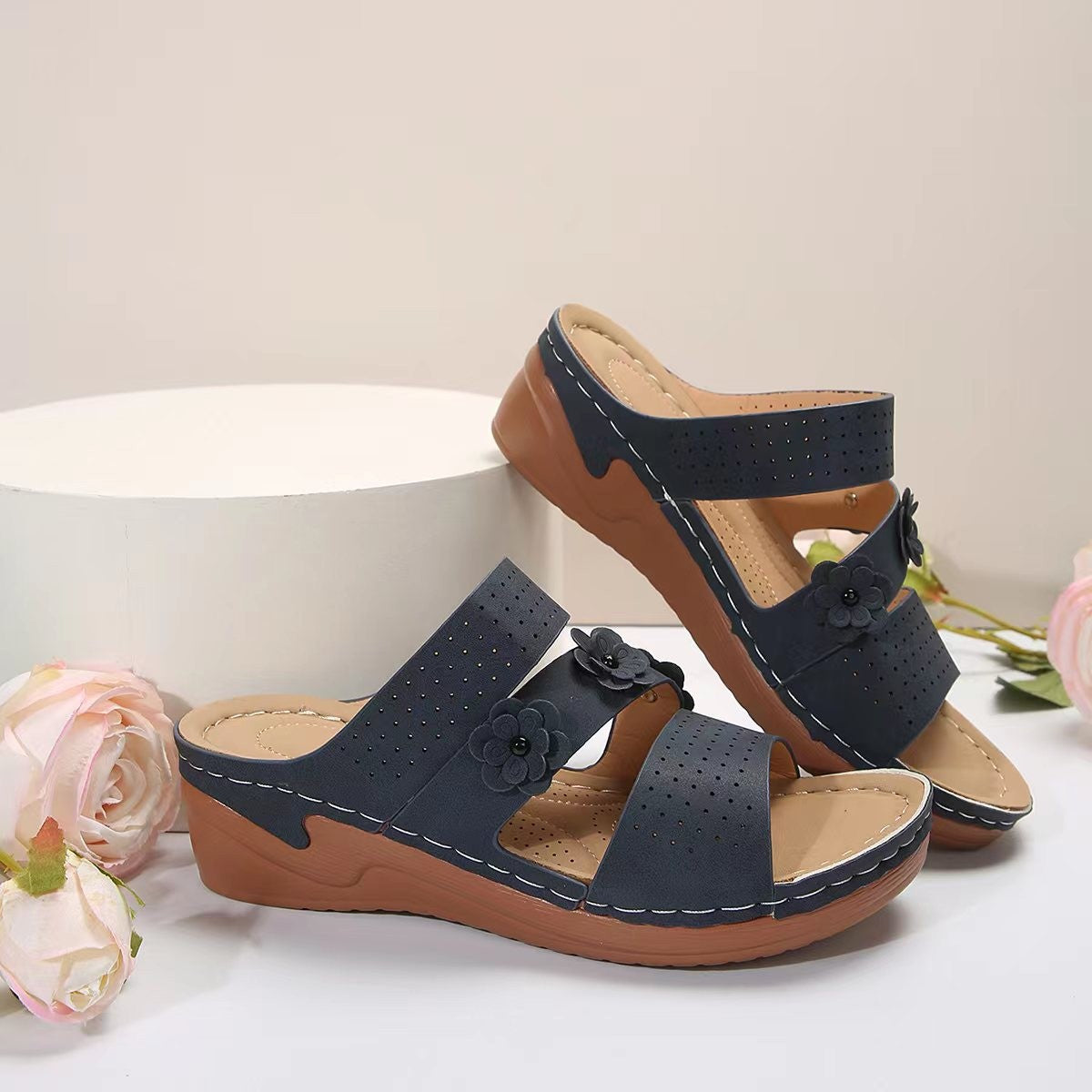 Flower PU Leather Wedge