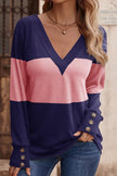 Decorative Button Contrast V-Neck Long Sleeve Sweater