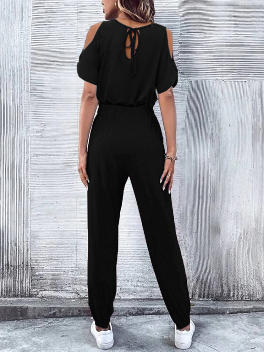 V-Neck Cold-Shoulder Jumpsuit with Pockets - QuaintQuest Fashion