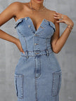 Slit Half Button Tube Denim Maxi Dress