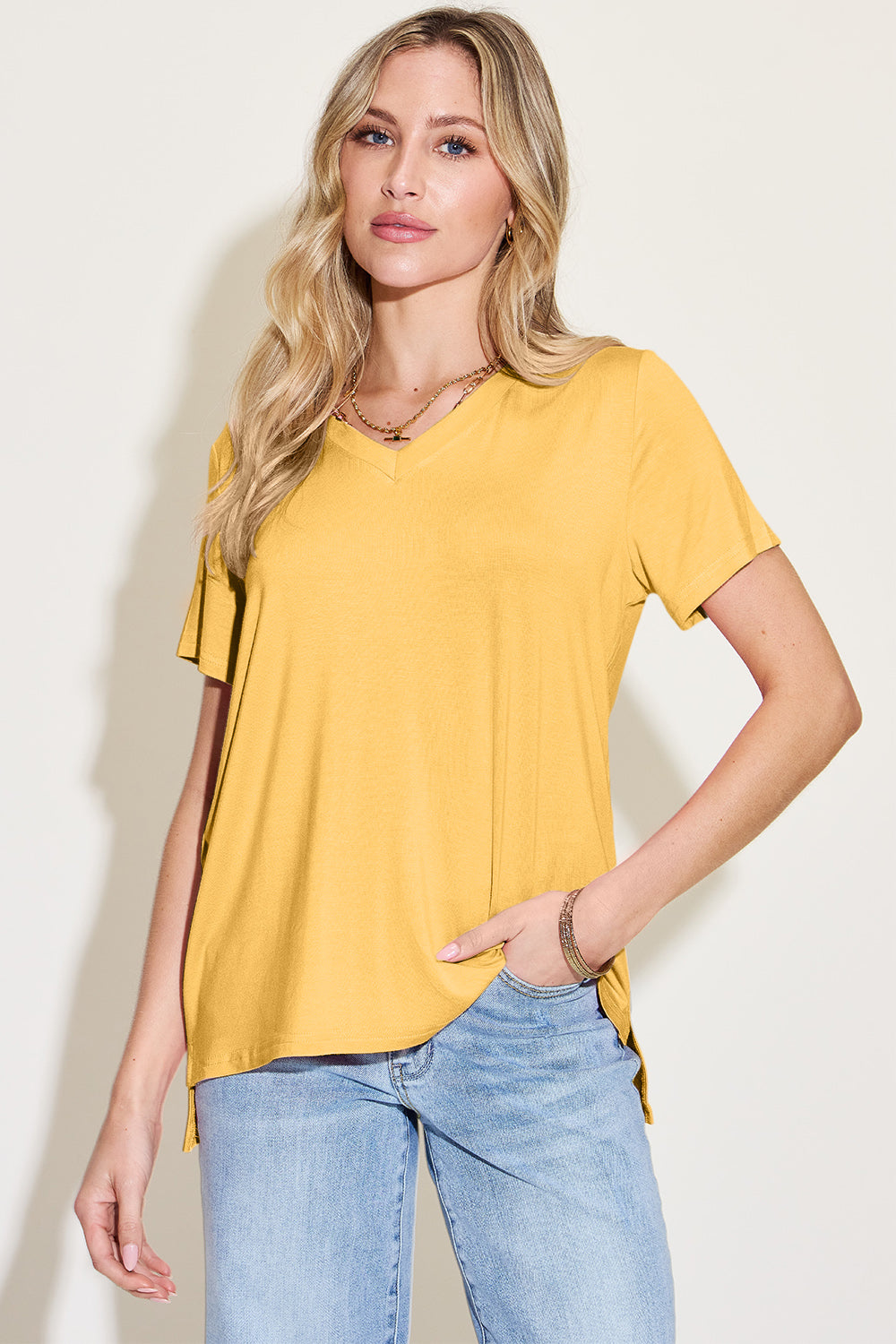 Bamboo Full Size V-Neck High-Low T-Shirt