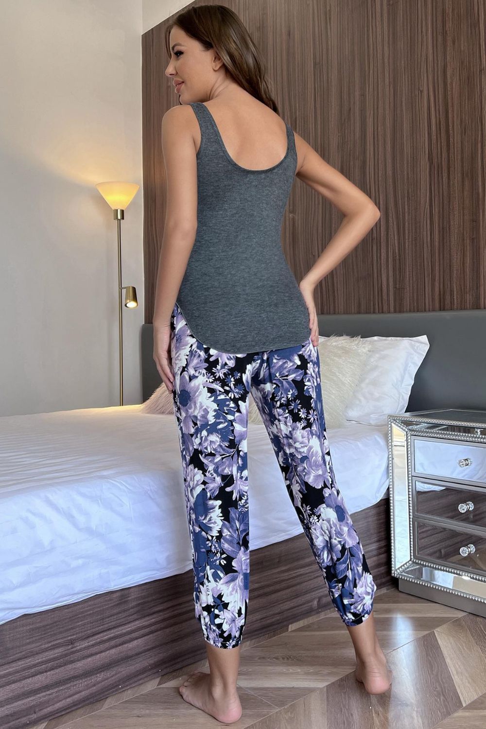 Scoop Neck Top and Floral Cropped Pants Lounge Set