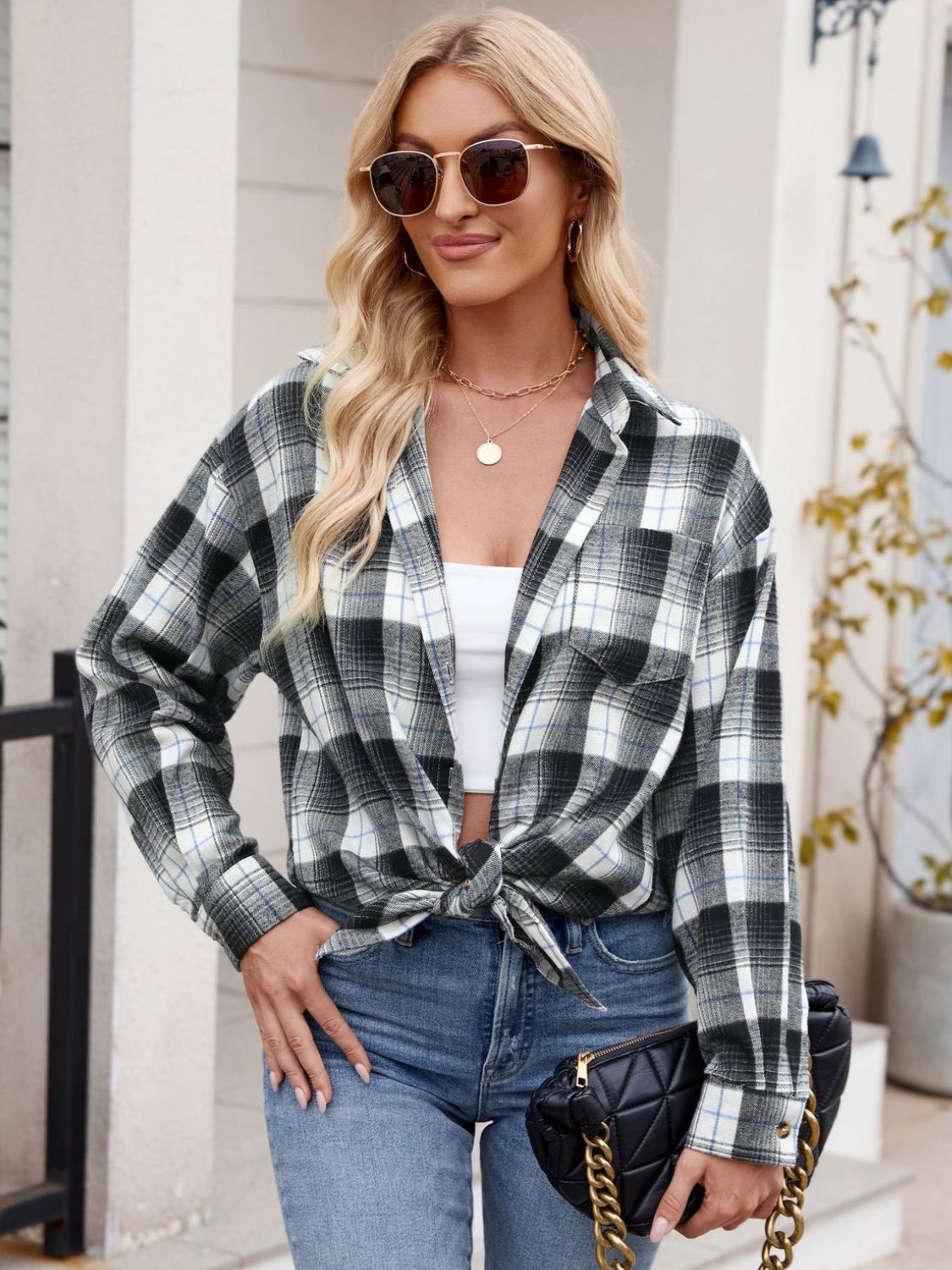 Plaid Collared Neck Long Sleeve Shirt