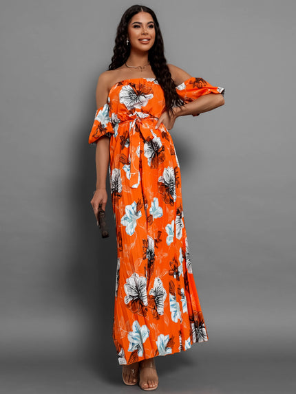 Pleated Floral Off-Shoulder Short Sleeve Maxi Dress