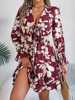 Tied Ruffled Printed Long Sleeve Dress