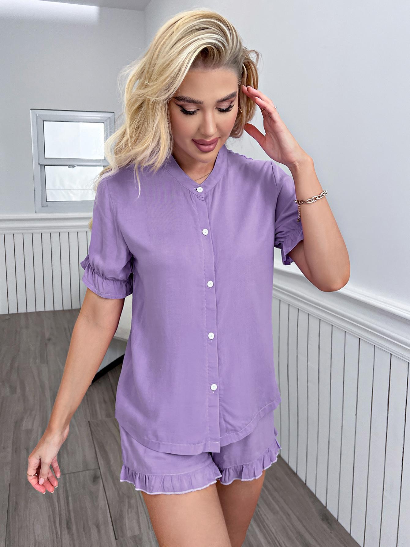 Flounce Sleeve Shirt and Frill Trim Shorts Pajama Set